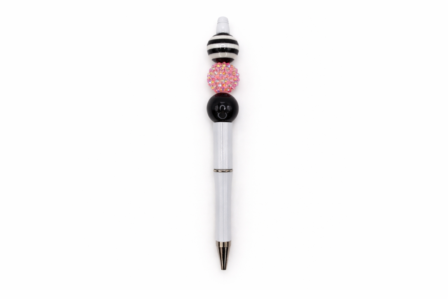 Black & White Striped Beaded Pen - Pink Sparkle Bead - Refillable White Barrel Pen