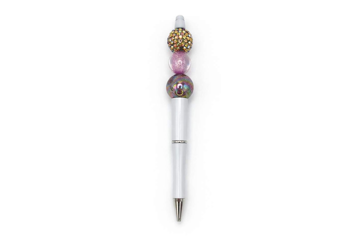 Twilight Dream Purple Beaded Pen - Gold & Lavender Sparkle Beads - Refillable White Barrel Pen