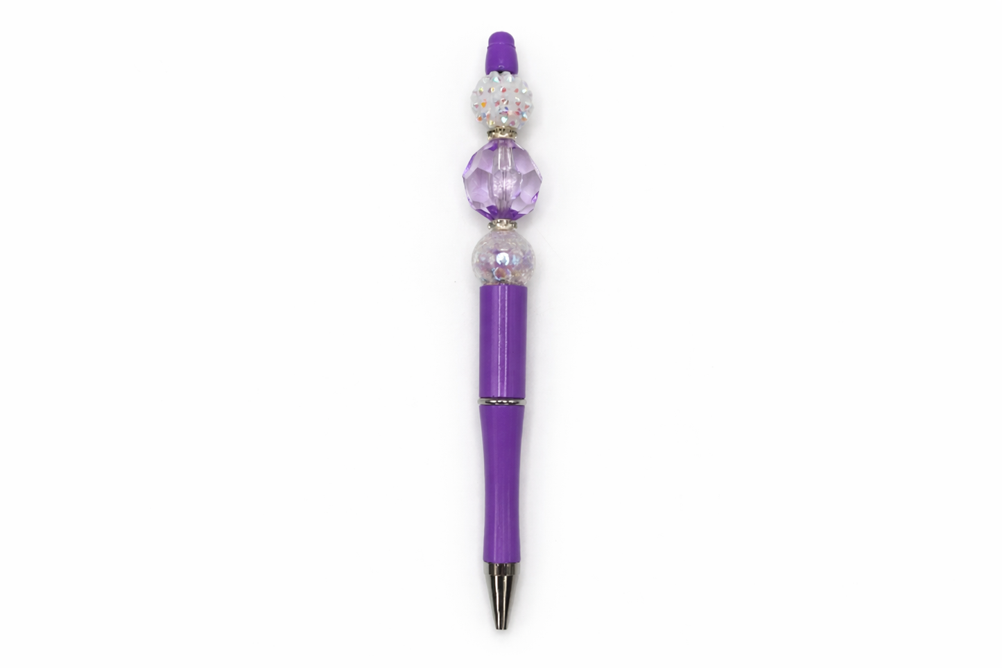 Elegant Lavender Beaded Pen - White Sparkly & Iridescent Beads - Purple Refillable Barrel Pen