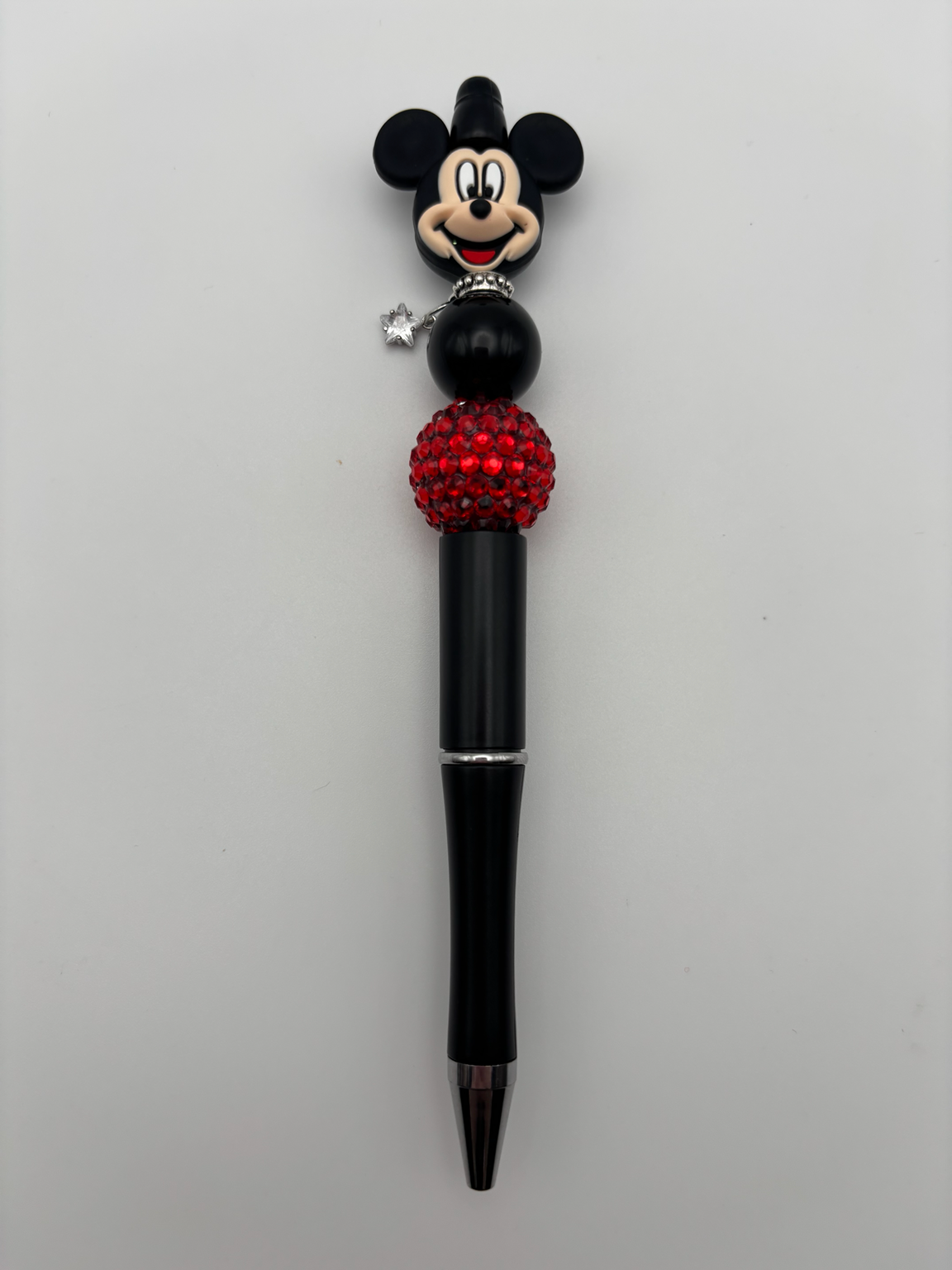 Mickey Mouse Inspired Beaded Pen - Black & Red Rhinestone Handmade Pen with Star Charm
