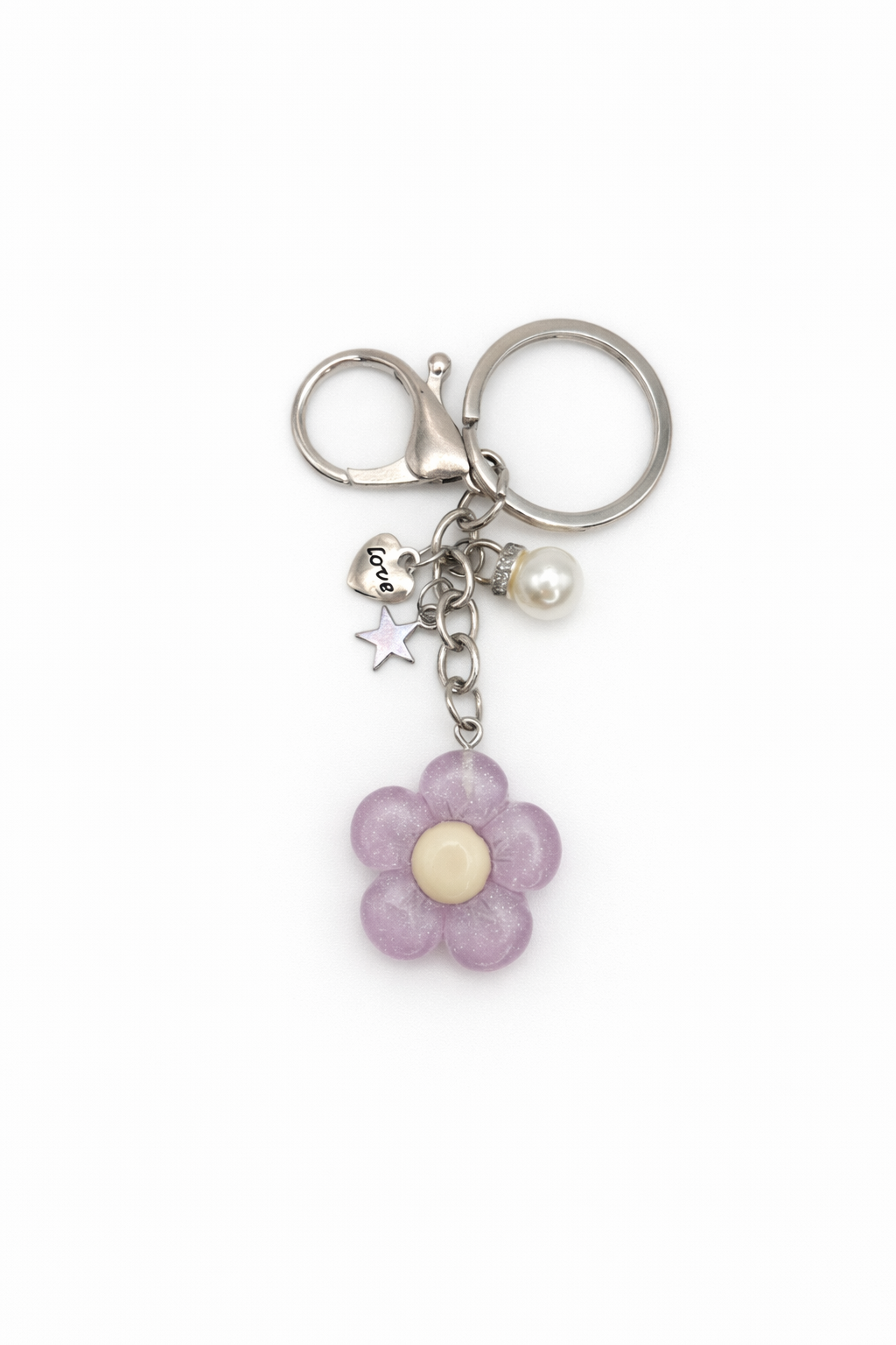 Pastel Purple Daisy with Cream Color by Center and Charms Keychain – Cute Acrylic Flower Keychain