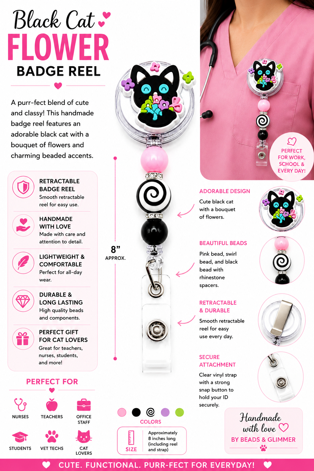 Black Cat Floral Badge Reel - Pink, Swirl & Black Beaded Retractable ID Holder