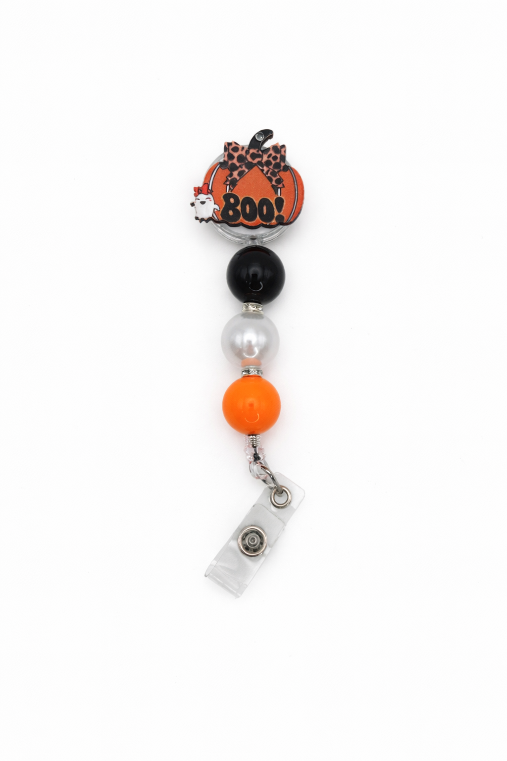 Boo Pumpkin Halloween Badge Reel – Orange, Black & Pearl Beaded Badge Reel