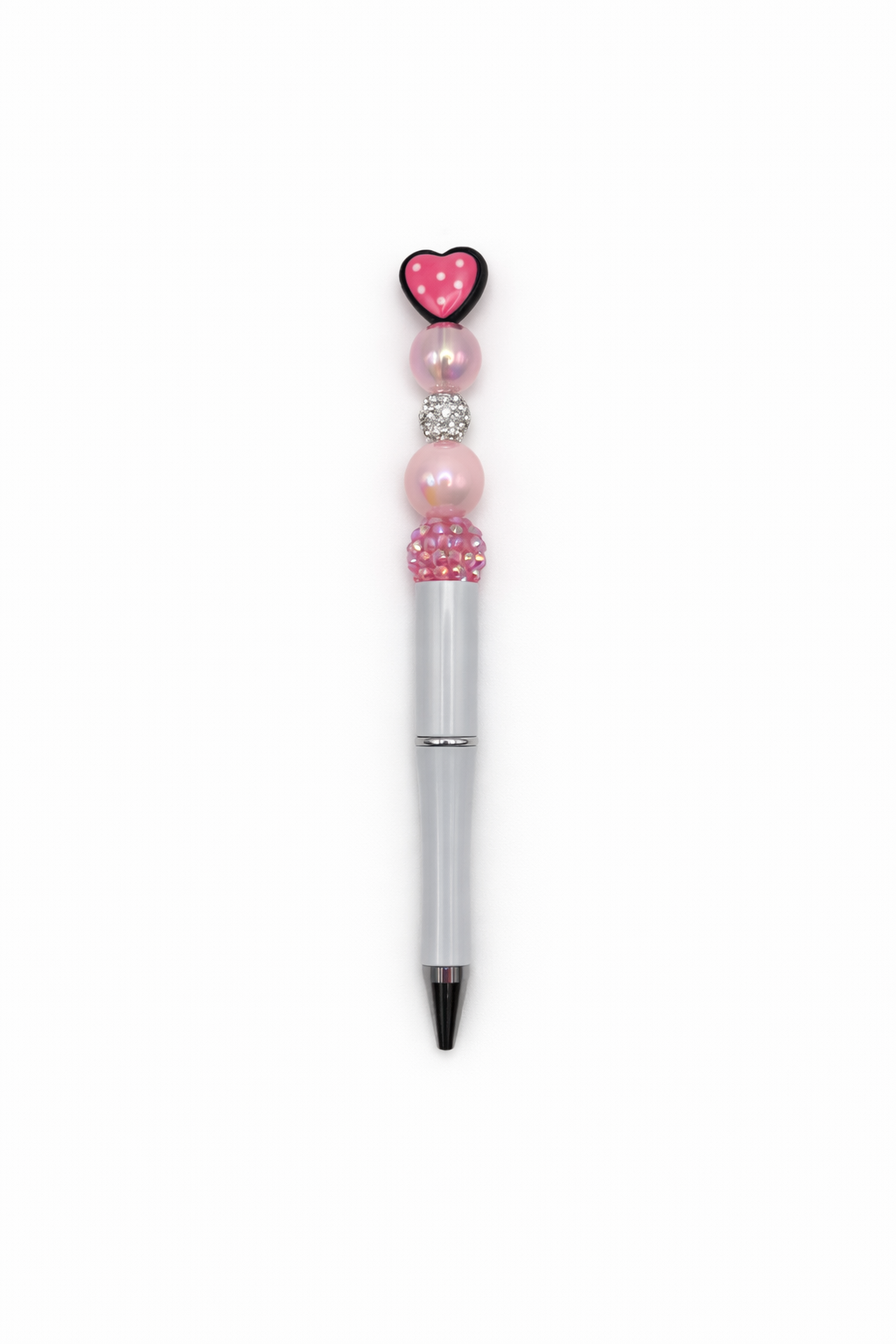 Pink Heart Topper Beaded Pen with White Barrel - Cute Sparkly Pen for Stationery Lovers