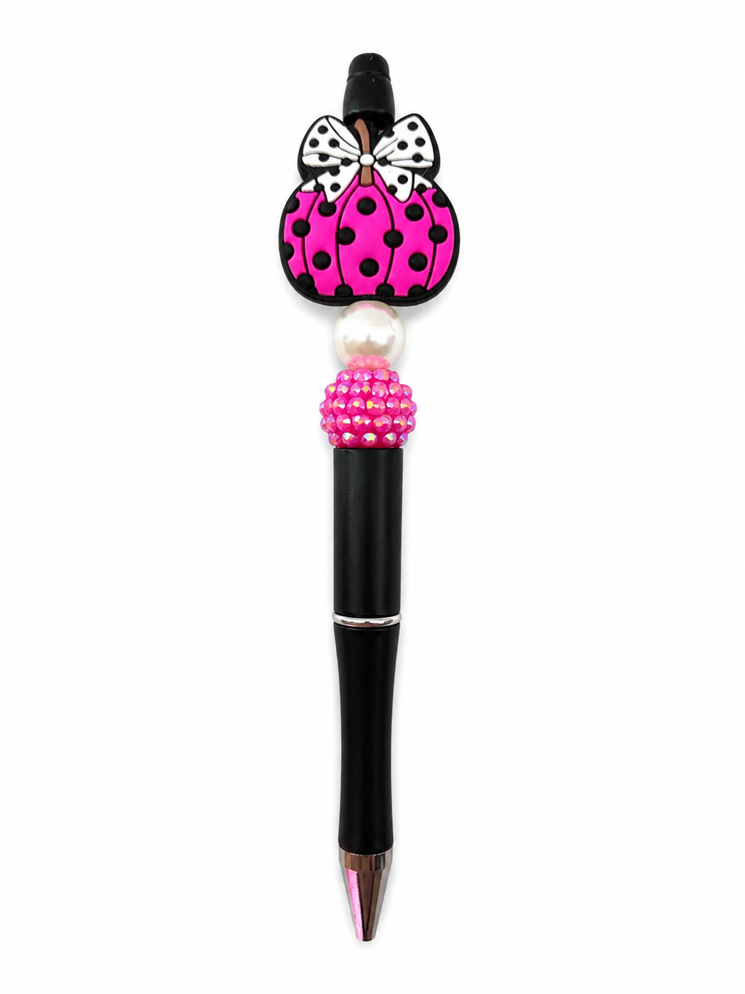 Hot Pink & Black Polka Dot Pumpkin Beaded Pen with Bow - Sparkly Fall & Halloween Beaded Pen