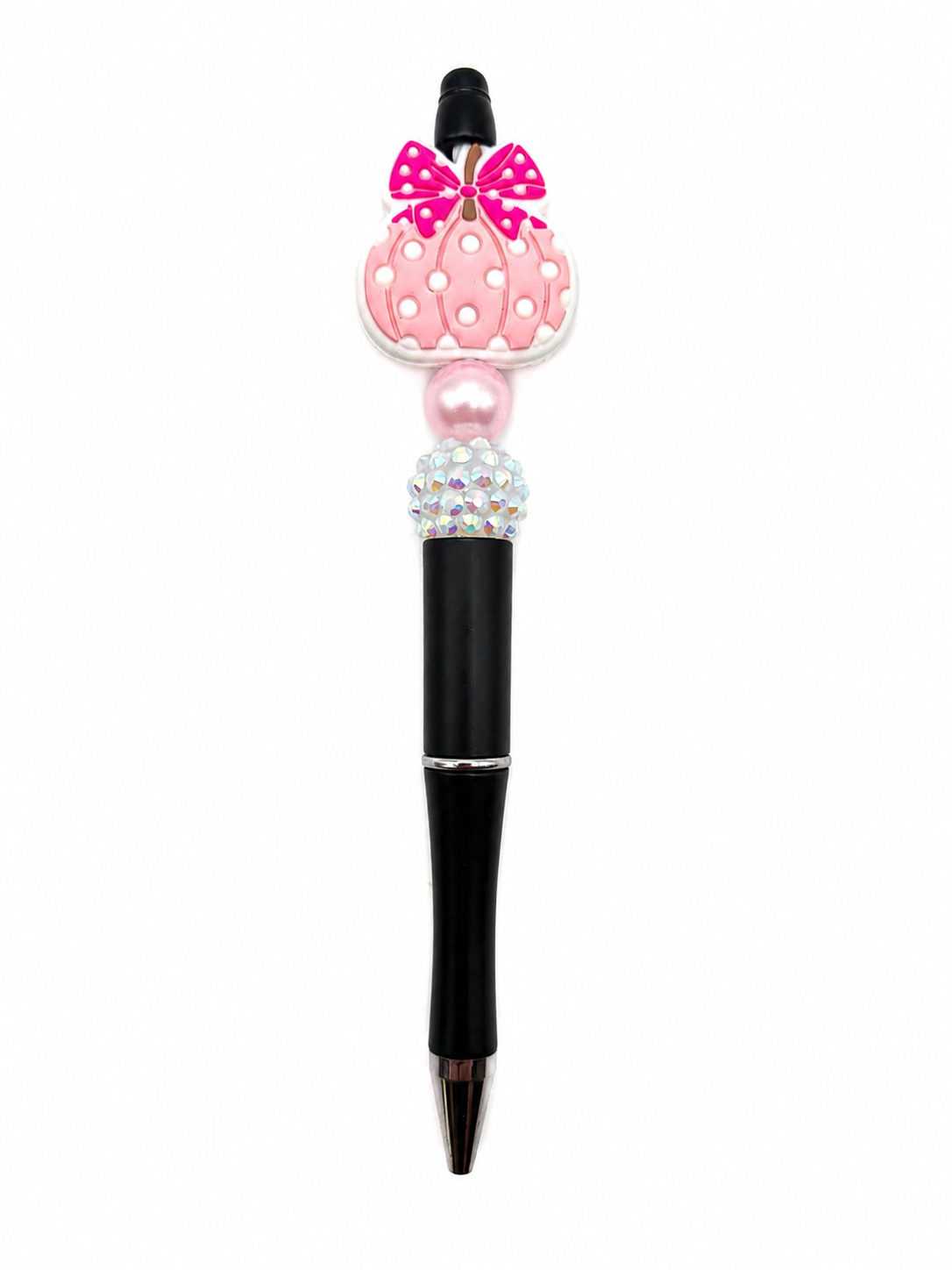 Pink Bow Pumpkin Beaded Pen - Pink Pearl & Sparkle Accents - Cute Fall & Halloween Beaded Pen