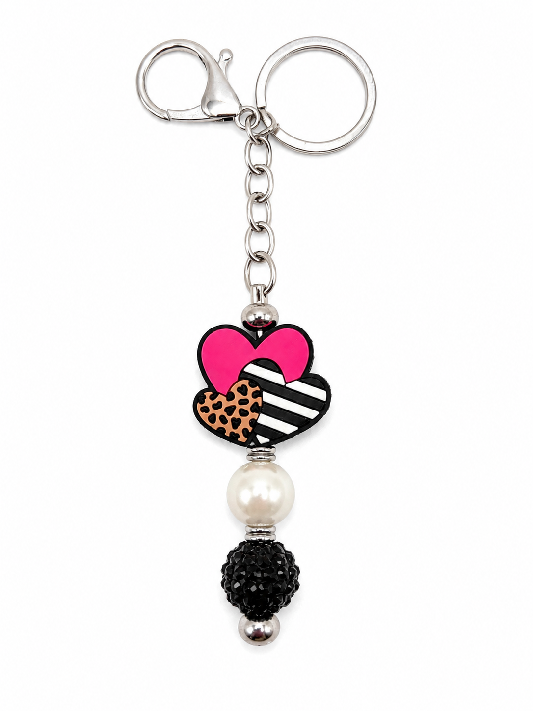 Heart Charm Beaded Keychain Bag Charm - Pink, Black & Leopard Accent