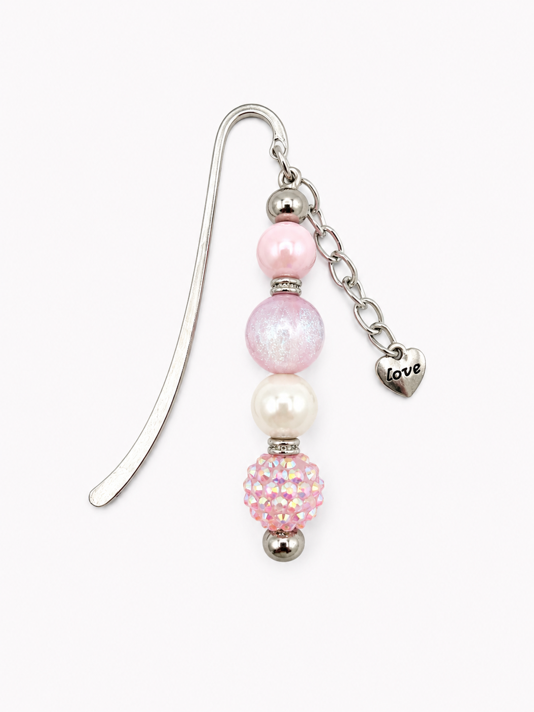 Pink Pearl & Crystal Beaded Bookmark with Love Heart Charm - Handmade Reader Gift