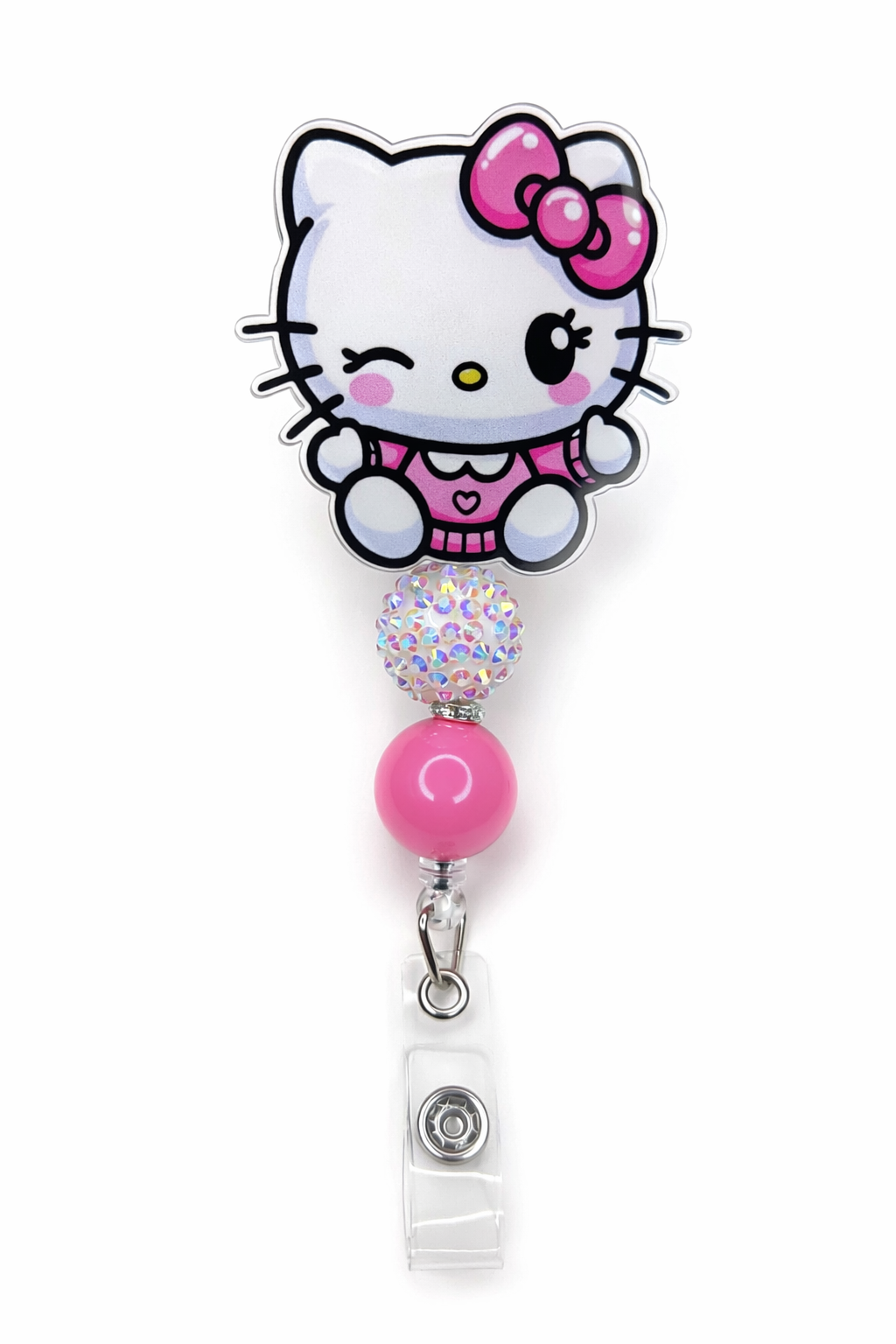 Pink Winking Kitty Badge Reel with Sparkle Bead – Cute Retractable ID Holder