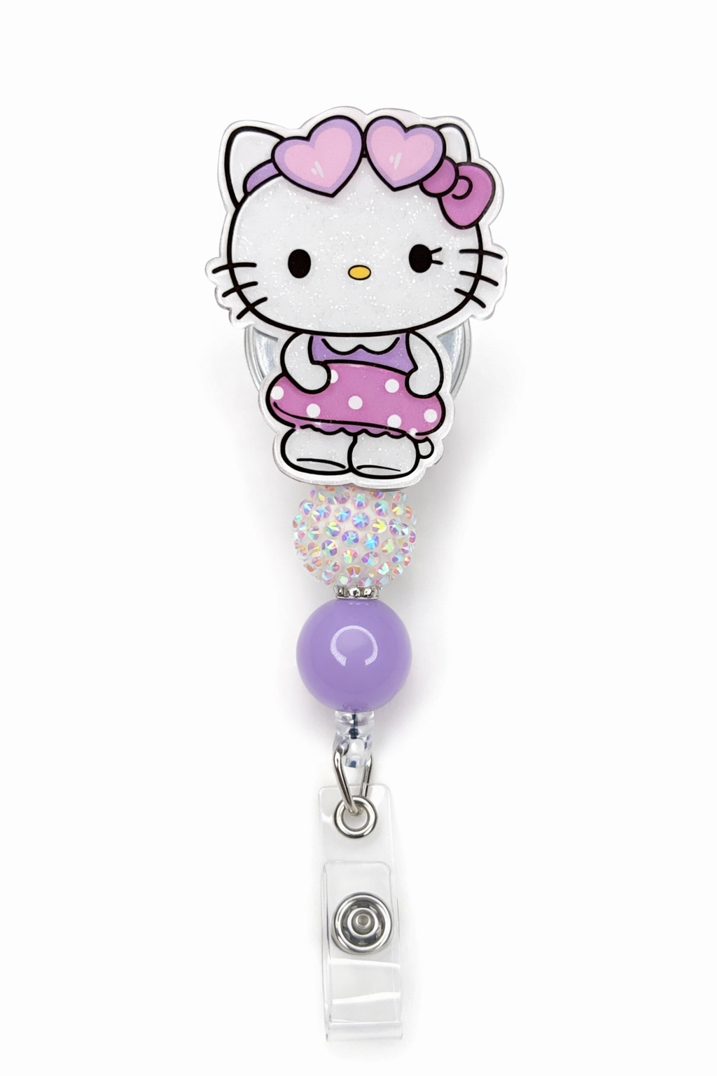 Purple Kitty Badge Reel with Sparkly Beads – Cute Handmade Retractable ID Holder