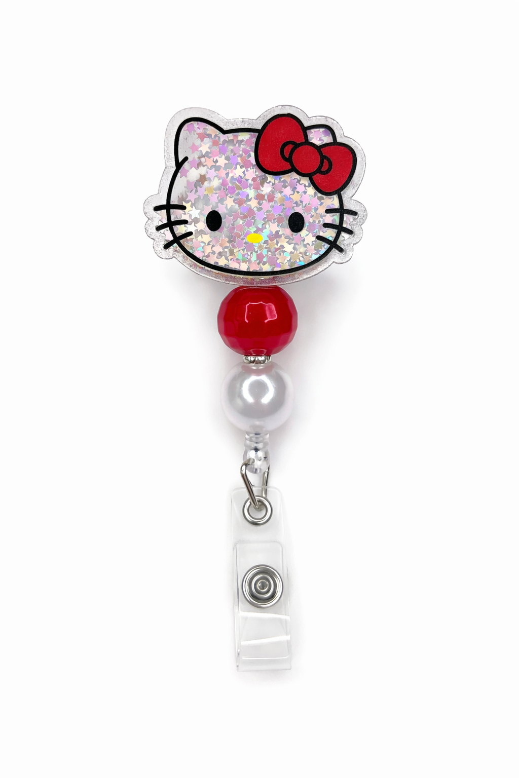 Sparkly Red Kitty Badge Reel with Pearl Bead – Cute Retractable ID Holder