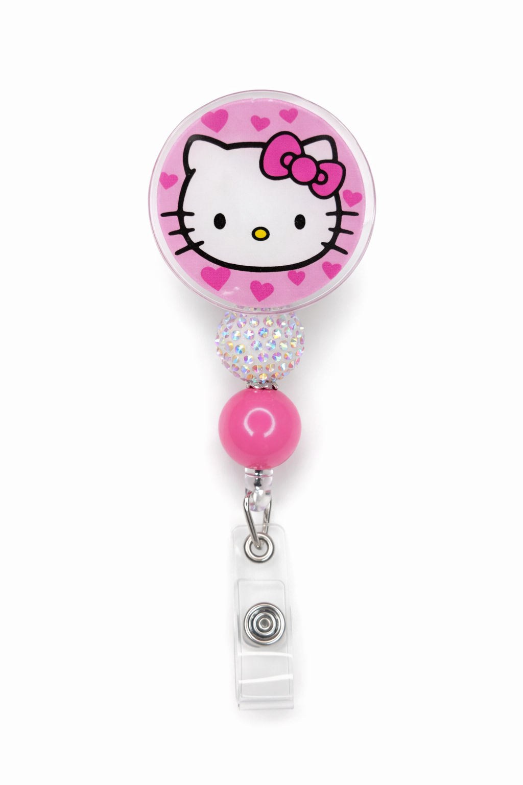 Pink Hearts Kitty Badge Reel with Sparkle Bead – Cute Retractable ID Holder
