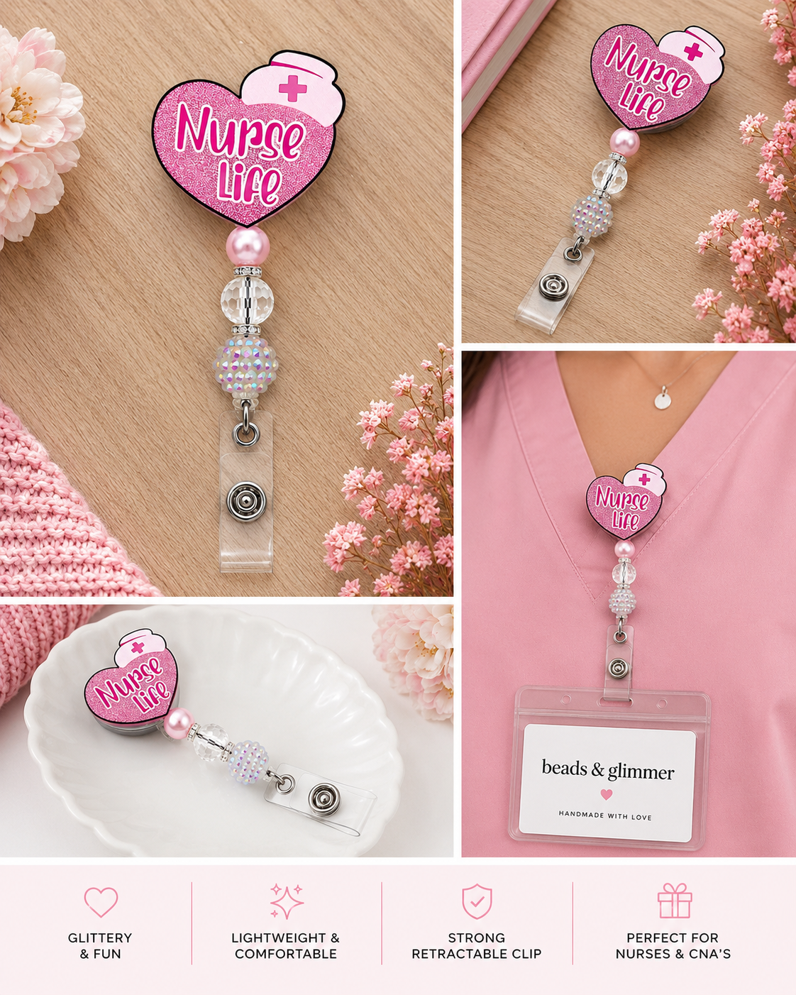 Nurse Life Pink Glitter Beaded Badge Reel with ID Holder
