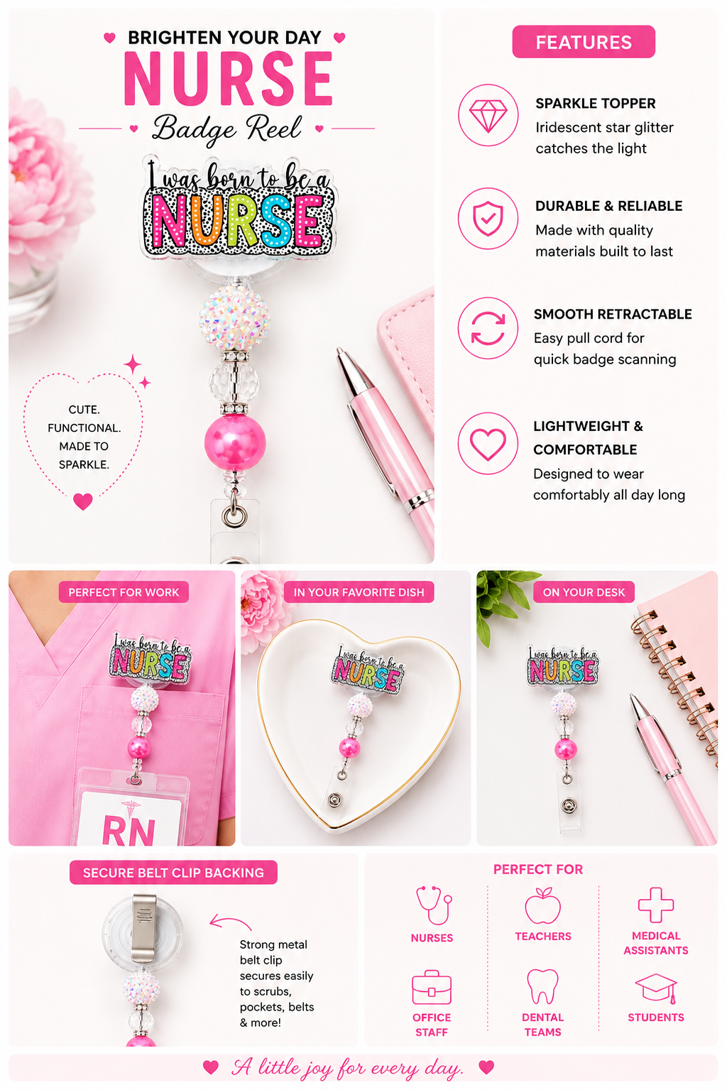 I Was Born to Be a Nurse Badge Reel - Handmade Pink & Sparkle Retractable ID Holder