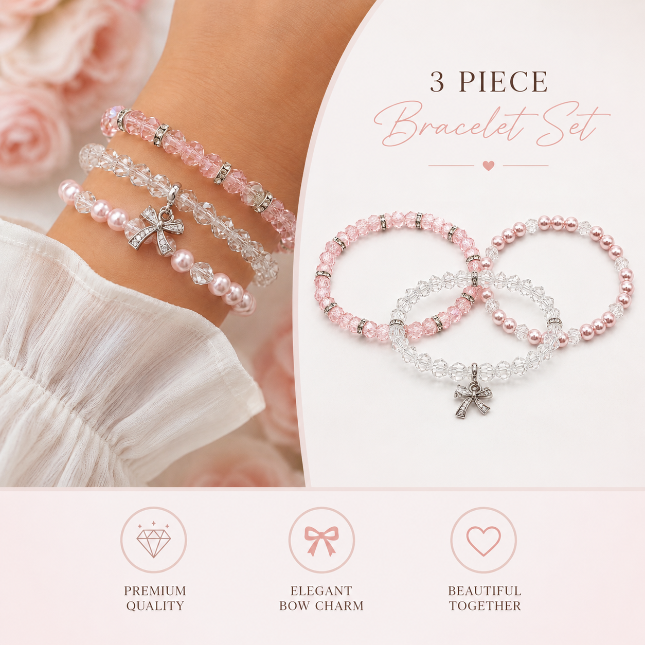 Blush Elegance Bow Charm Trio Stack Bracelet Set