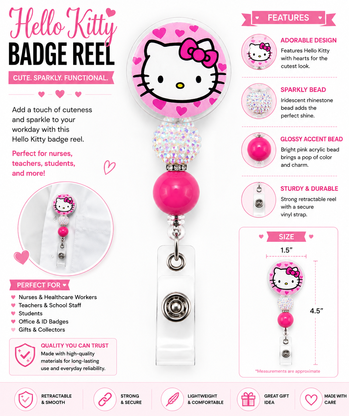 Pink Hearts Kitty Badge Reel with Sparkle Bead – Cute Retractable ID Holder