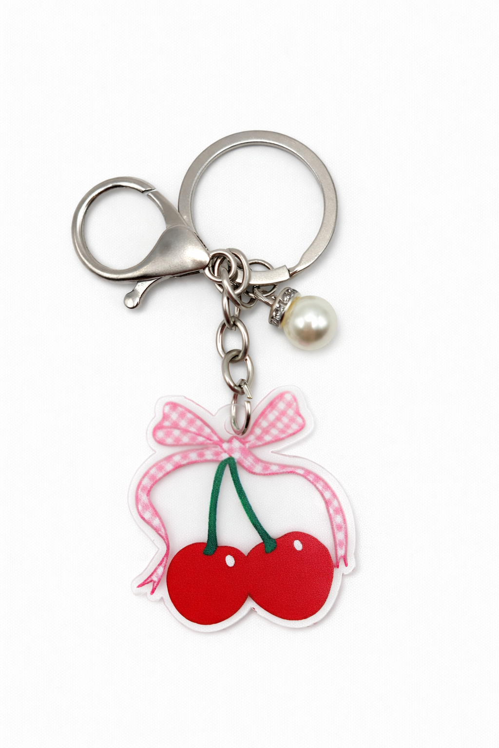 Cherry Gingham Bow Acrylic Keychain with Pearl Charm