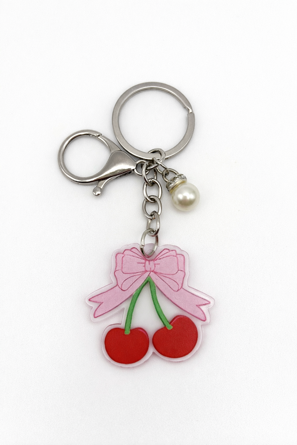 Cherry Keychain with Pink Bow and a Pearl Charm - Clear Acrylic Charm