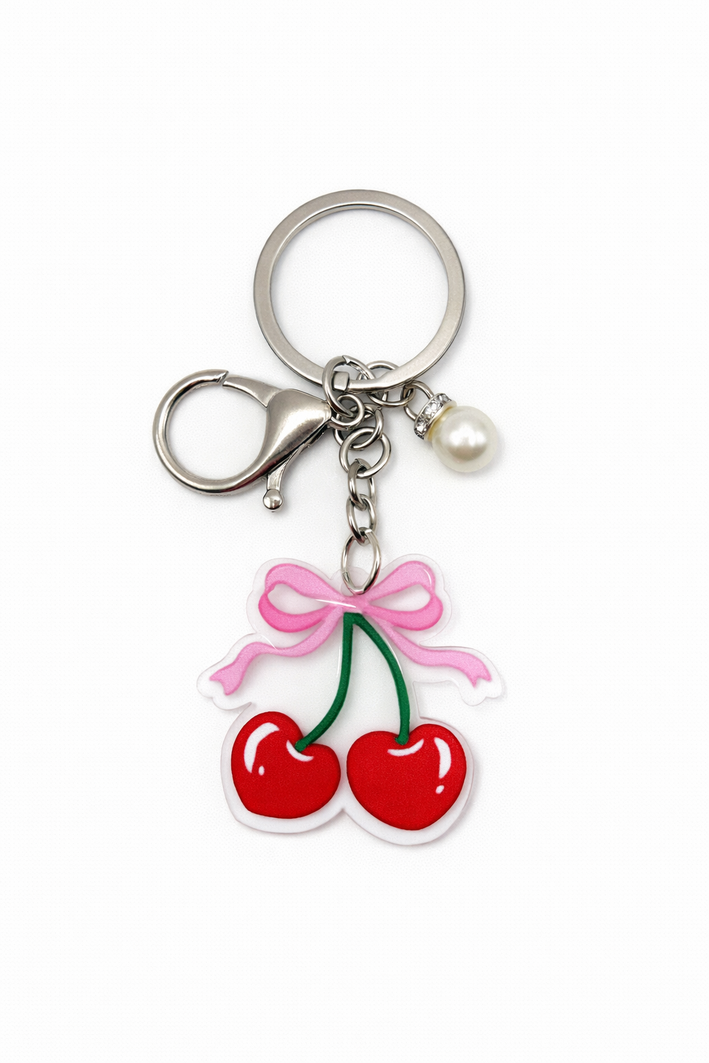Cherry Keychain with Solid Pink Bow and a Pearl Charm – Clear Acrylic Charm