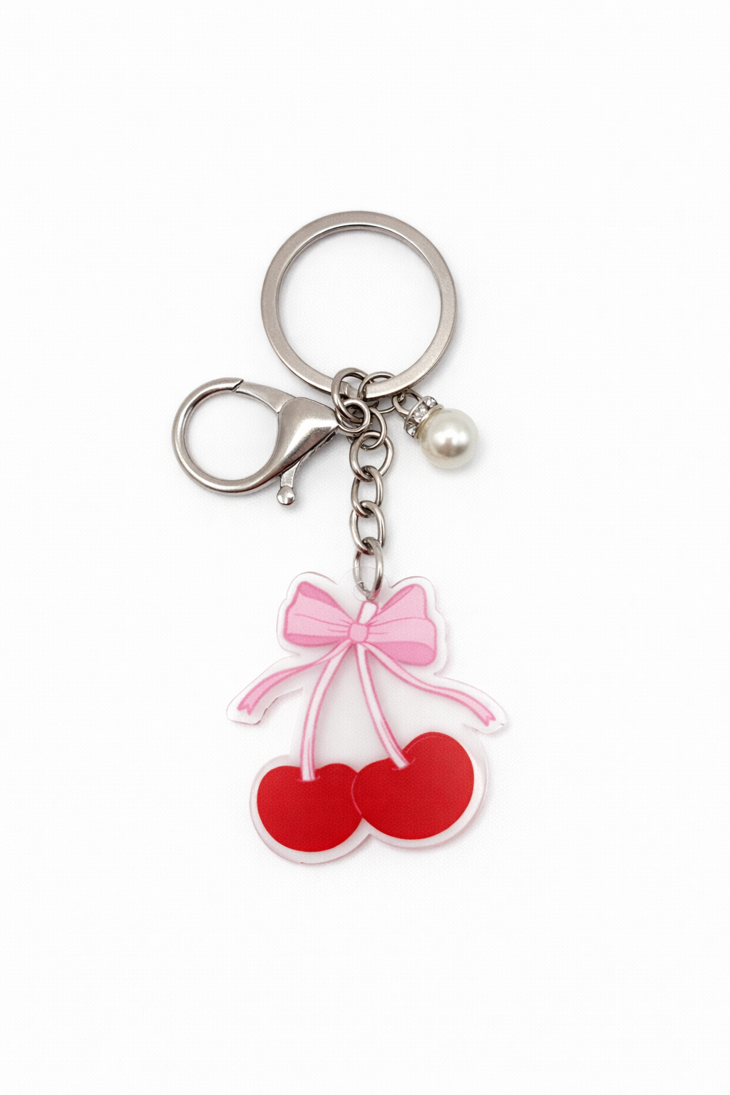 Cherry Keychain with Soft Pink Bow and Pearl Charm – Clear Acrylic Charm