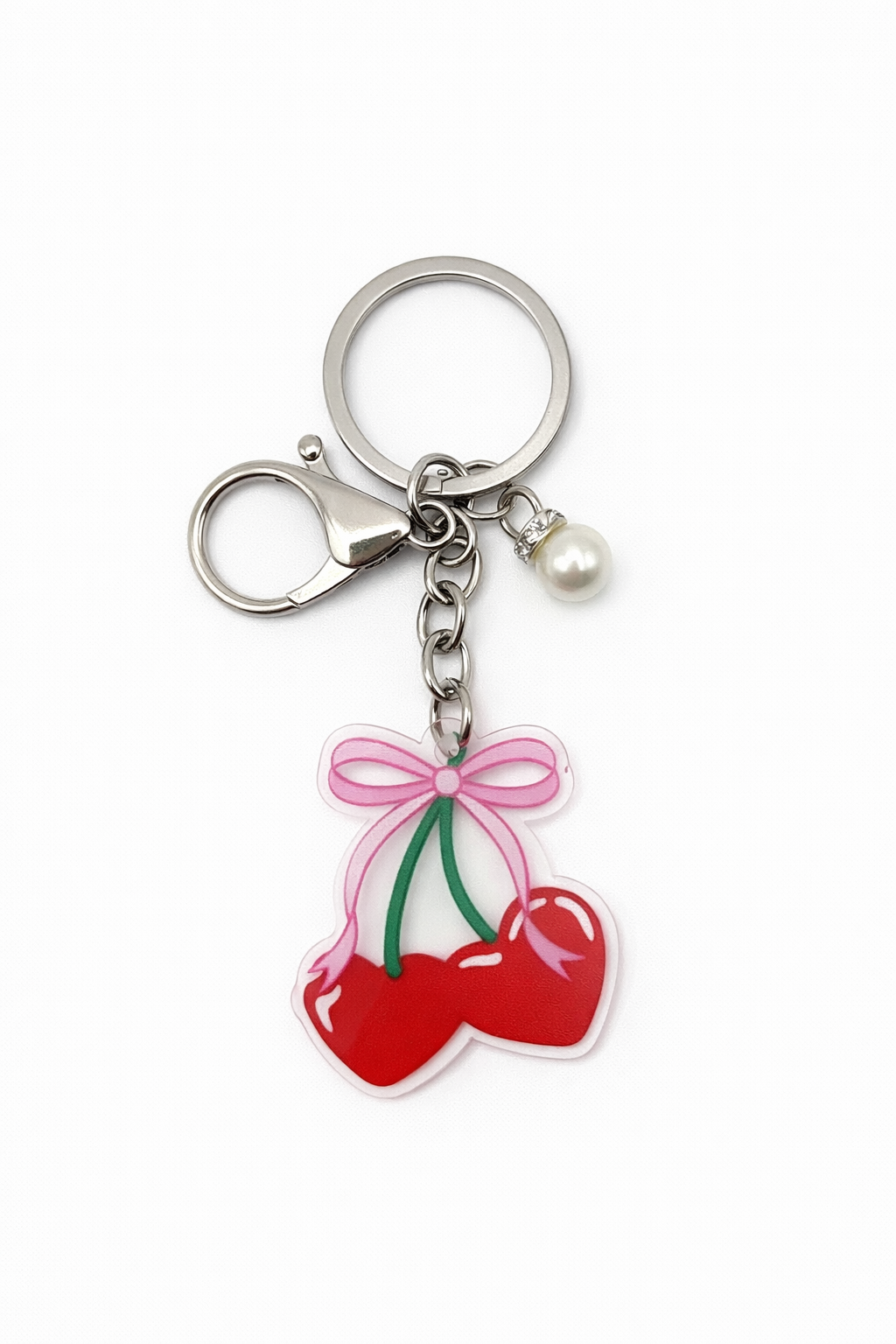 Cherry Keychain with Pink Ribbon Bow and a Pearl Charm β Clear Acrylic Charm