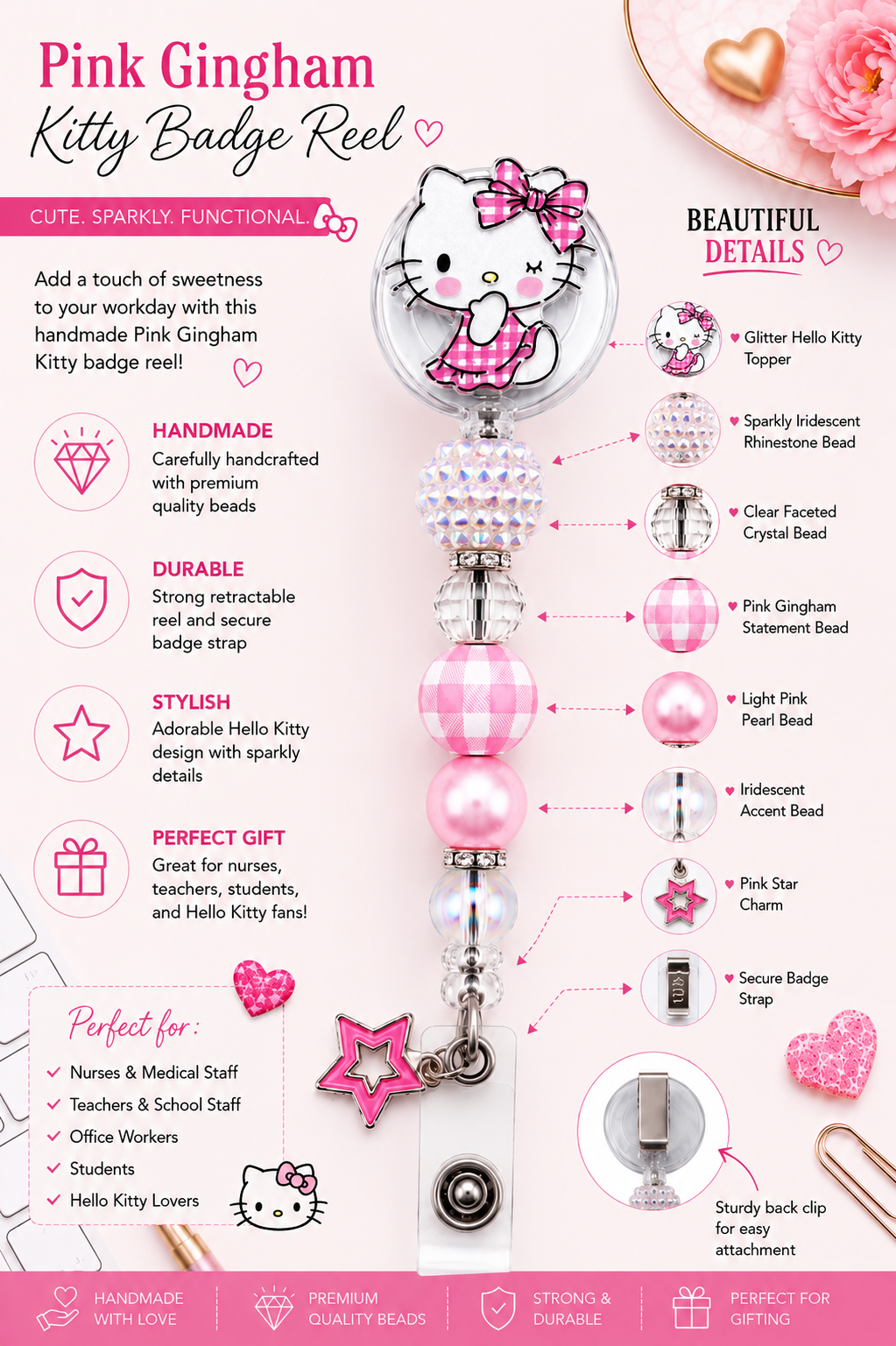 Pink Gingham Kitty Badge Reel – Handmade Beaded Retractable ID Holder