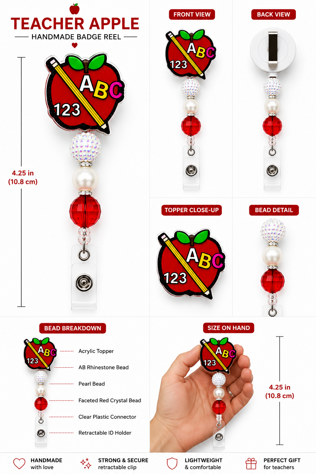 Apple ABC/123 Teacher Badge Reel - Handmade Beaded Retractable ID Holder