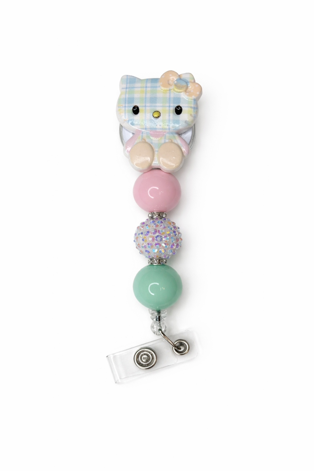 Kitty Blue Plaid Badge Reel with Peach Bow and Pastel Beads