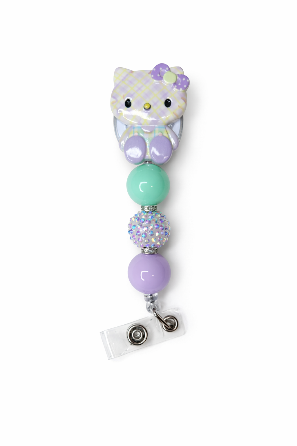 Kitty Purple Plaid Pastel Badge Reel – Mint, Purple & Sparkle Beads