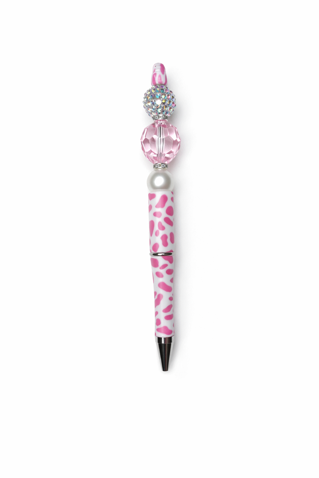 Pink Animal Print Beaded Pen with Crystal & Pearl Accent – Handmade Sparkle Pen