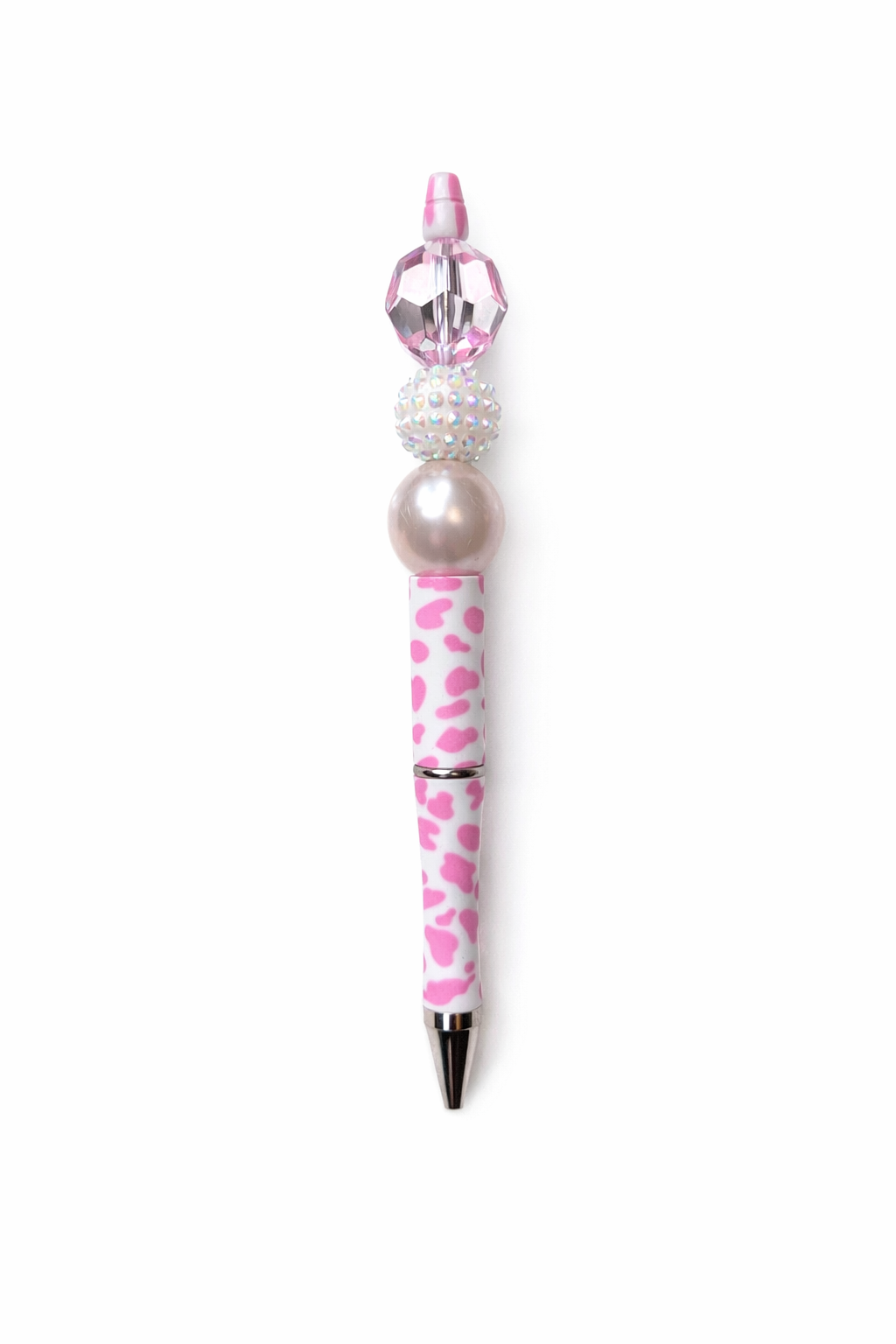 Pink Animal Print Beaded Pen – Crystal Top with White Sparkle Bead