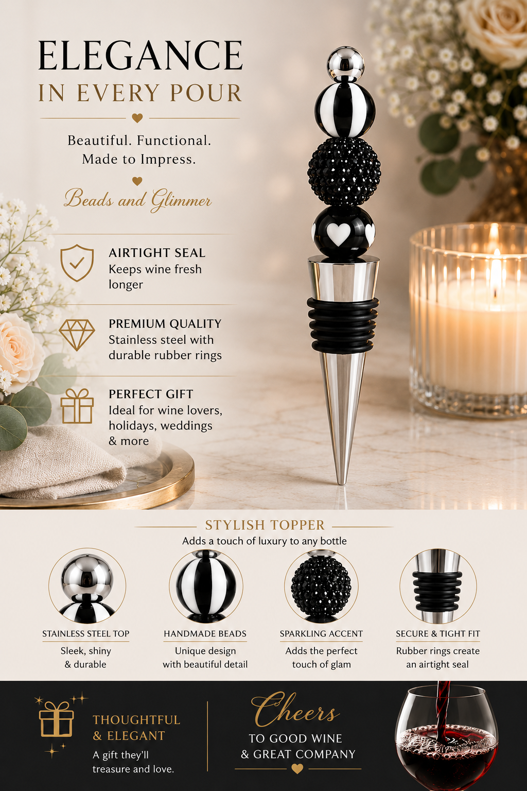 Black & White Rhinestone Handmade Wine Bottle Stopper