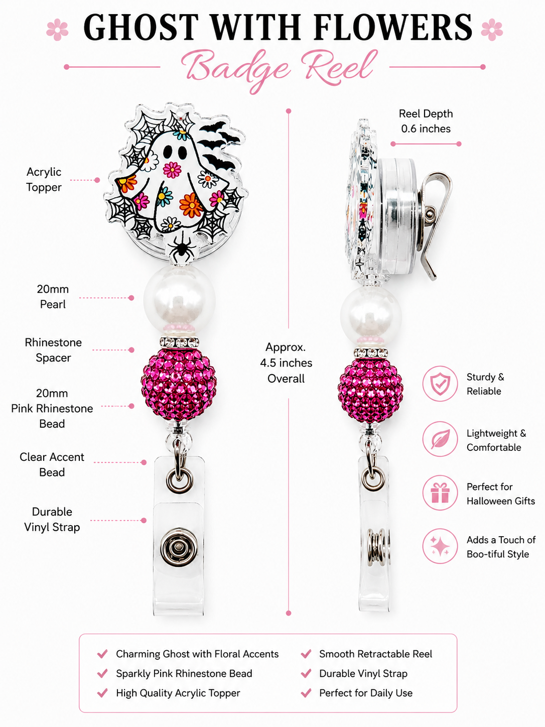 Ghost with Flowers Badge Reel – Handmade Beaded Retractable ID Holder