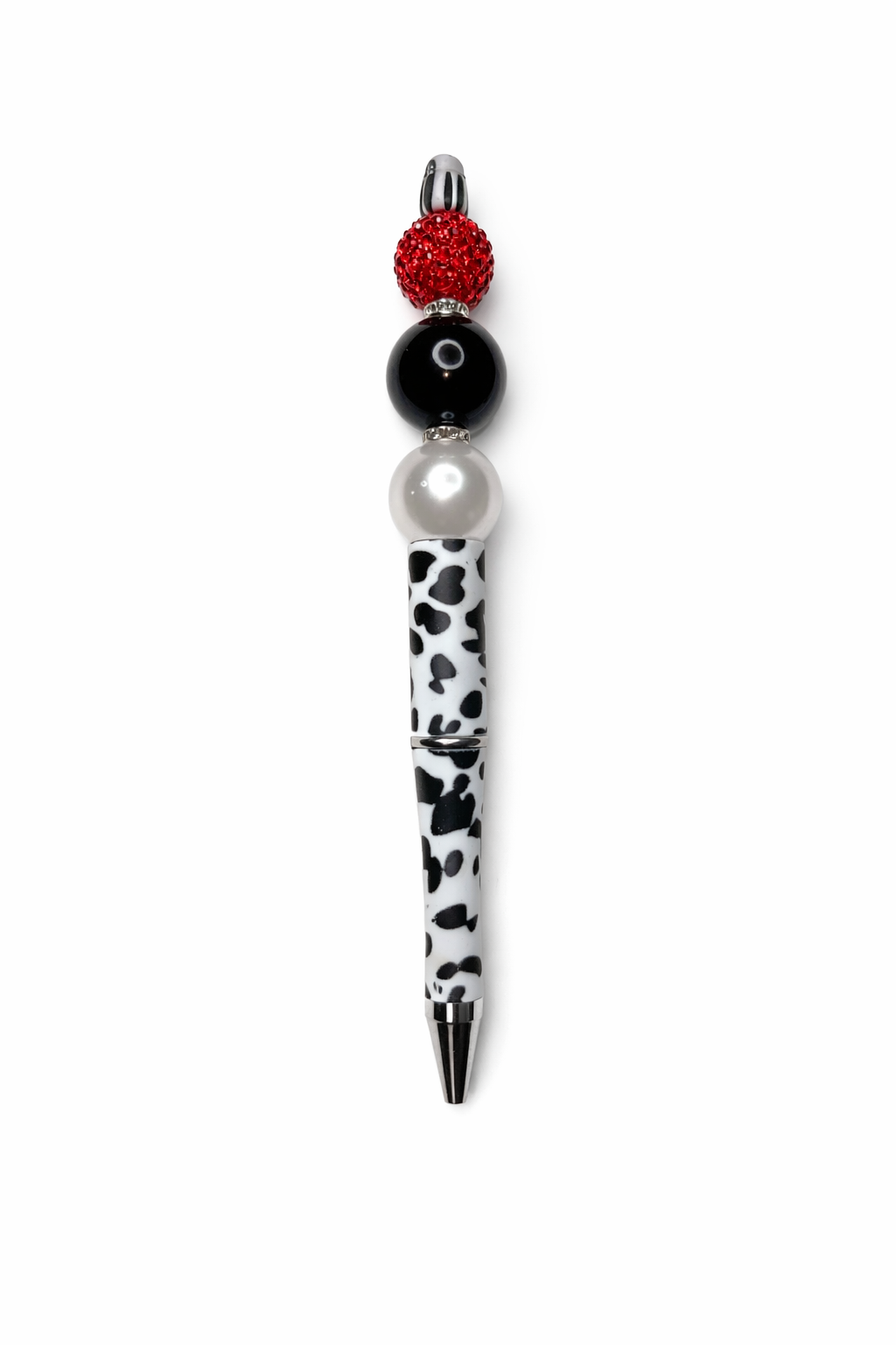 Cow Print Glam Beaded Pen with Red Sparkle, Pearl & Black Bead Pen