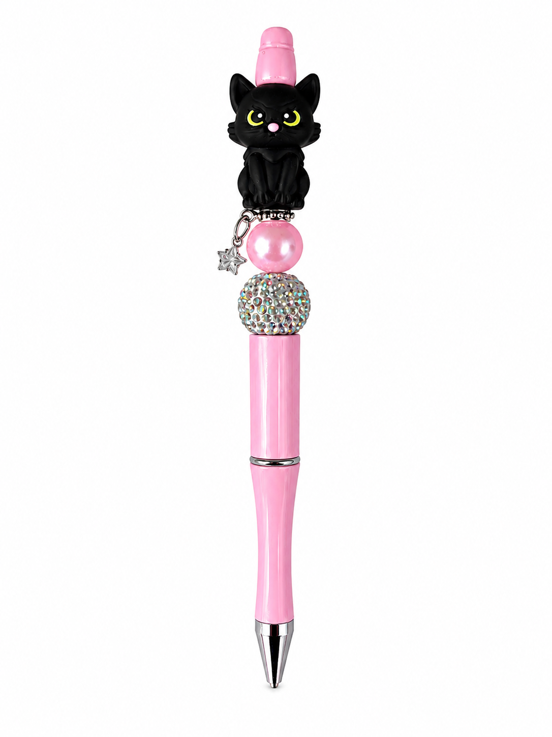 Black Cat Bling Beaded Pen with Pink Pearl & Rhinestone Bead
