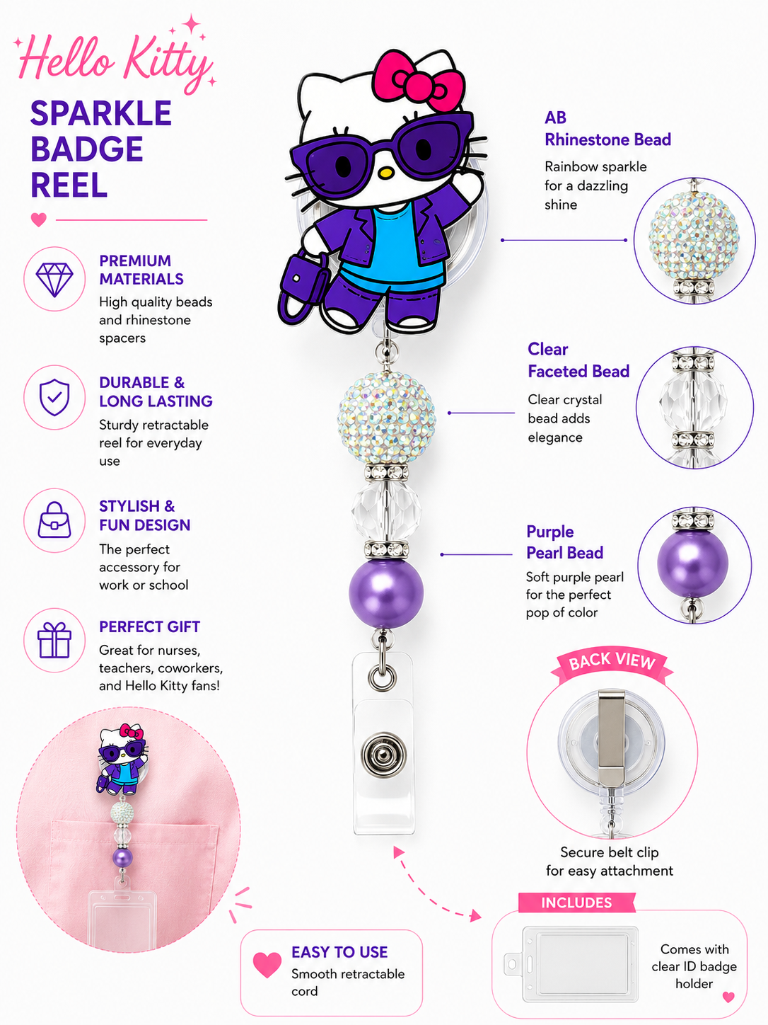 Cute Kitty Sparkle Badge Reel – Purple Pearl & AB Rhinestone Design with ID Holder
