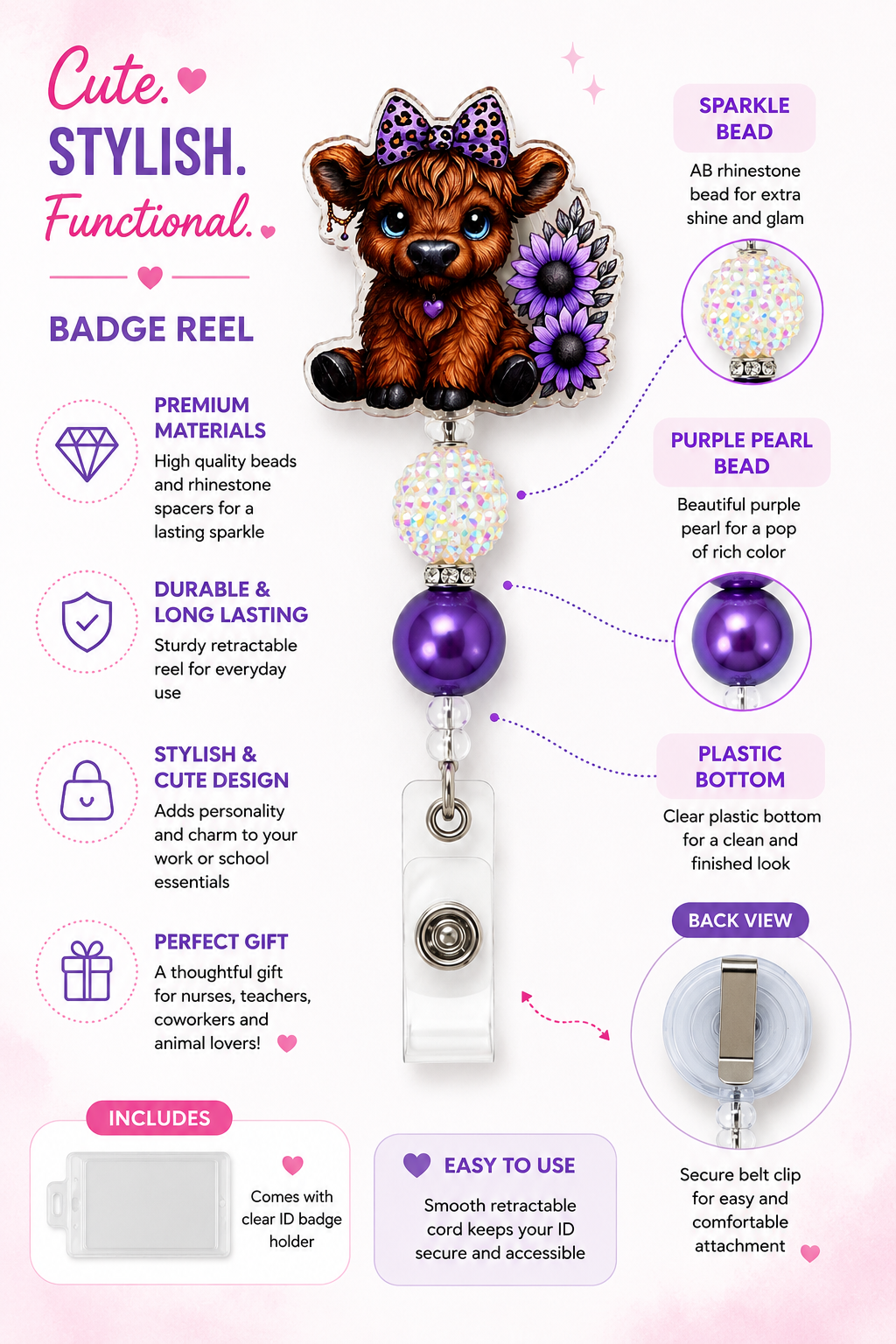 Cute Highland Cow Badge Reel with Purple Flowers & Sparkle Beads