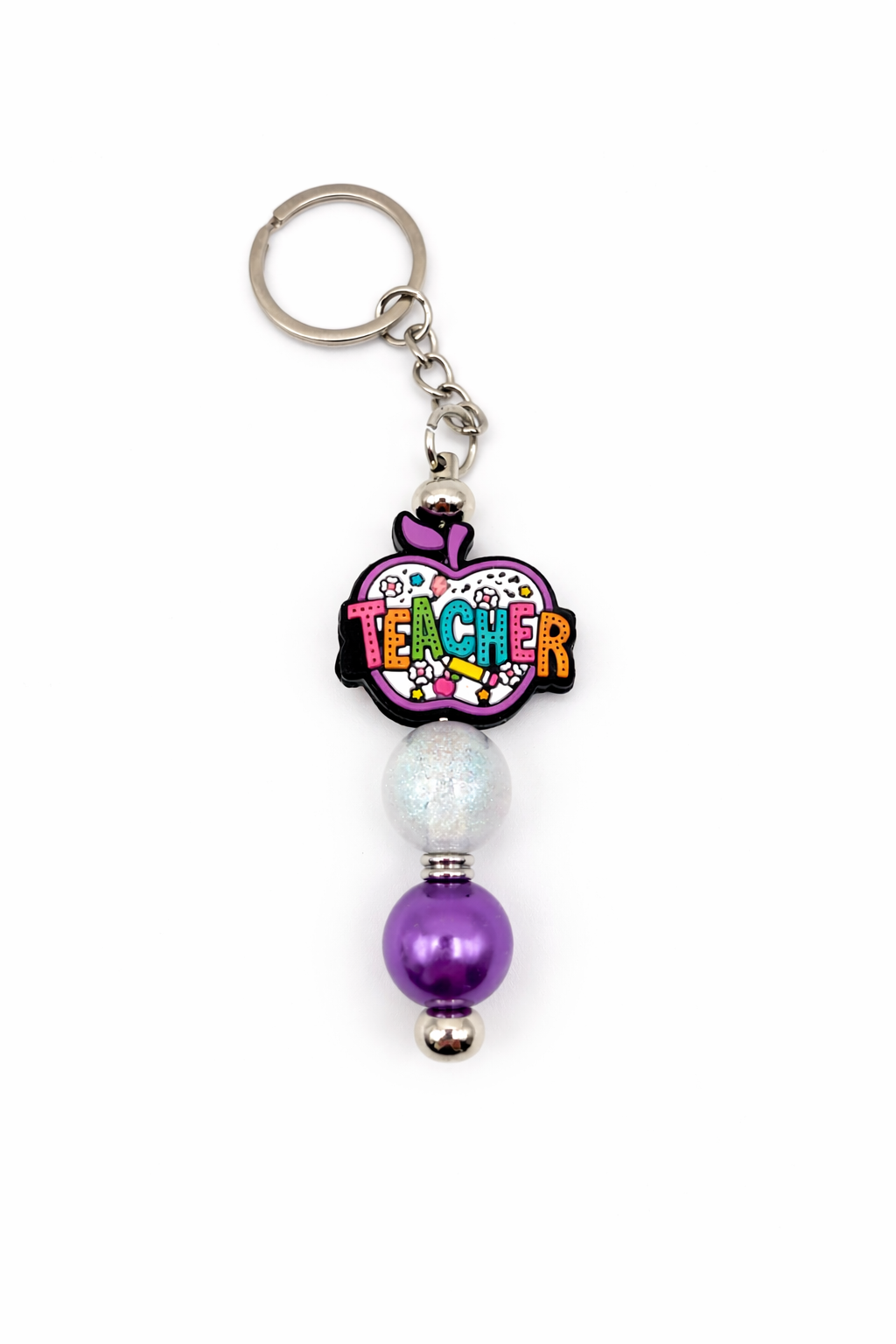 Teacher Apple Beaded Keychain – Handmade Gift for Teachers with Purple & Sparkle Beads