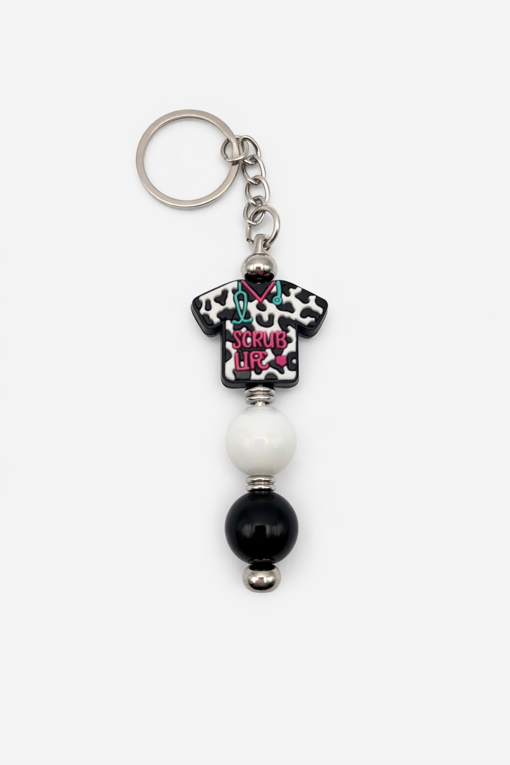 Scrub Life Beaded Keychain – Nurse & Healthcare Gift, Black and White Scrubs Charm Keychain, Handmade Medical Accessory
