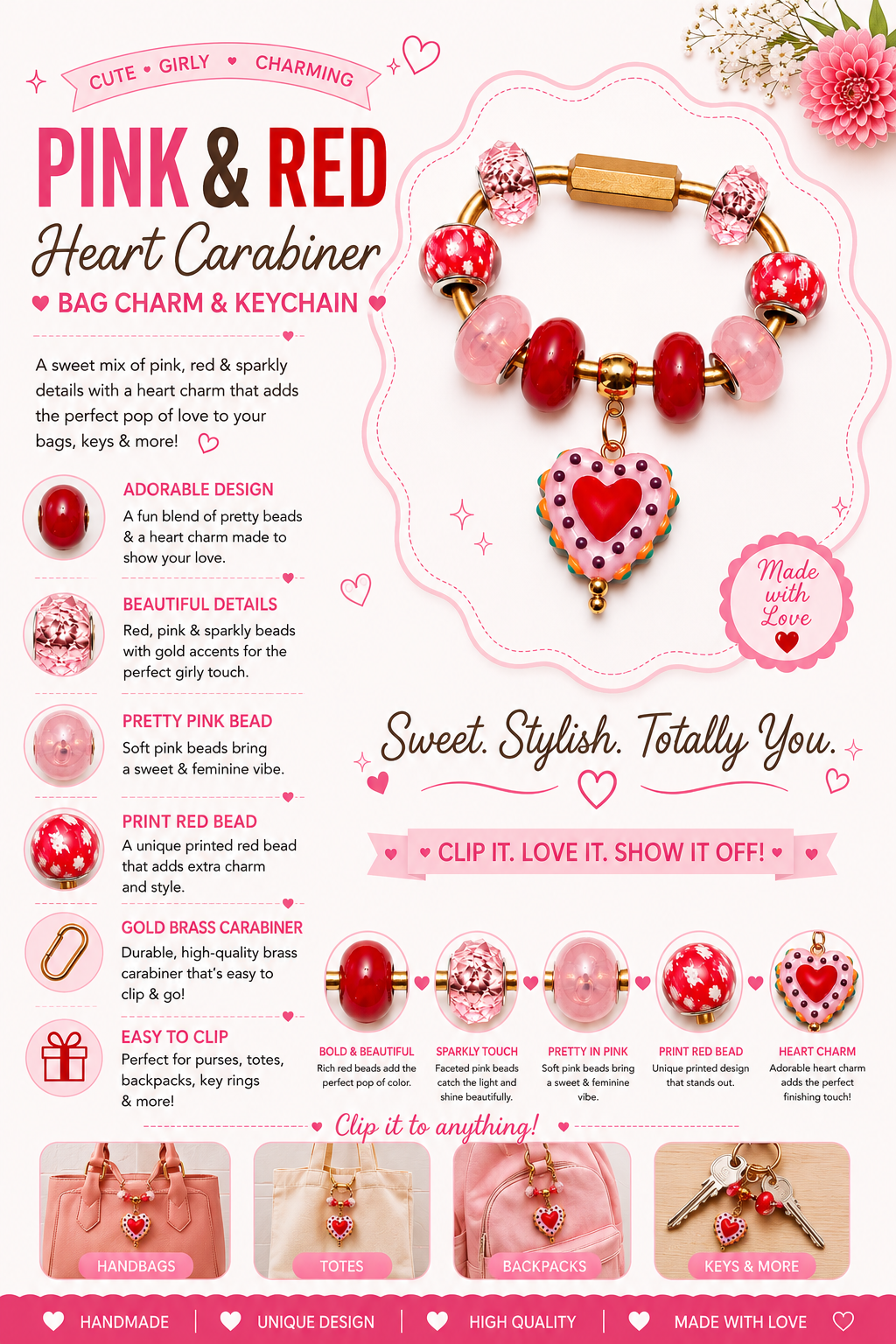 Pink & Red Heart Gold Brass Carabiner Bag Charm – Beaded Purse Charm & Keychain