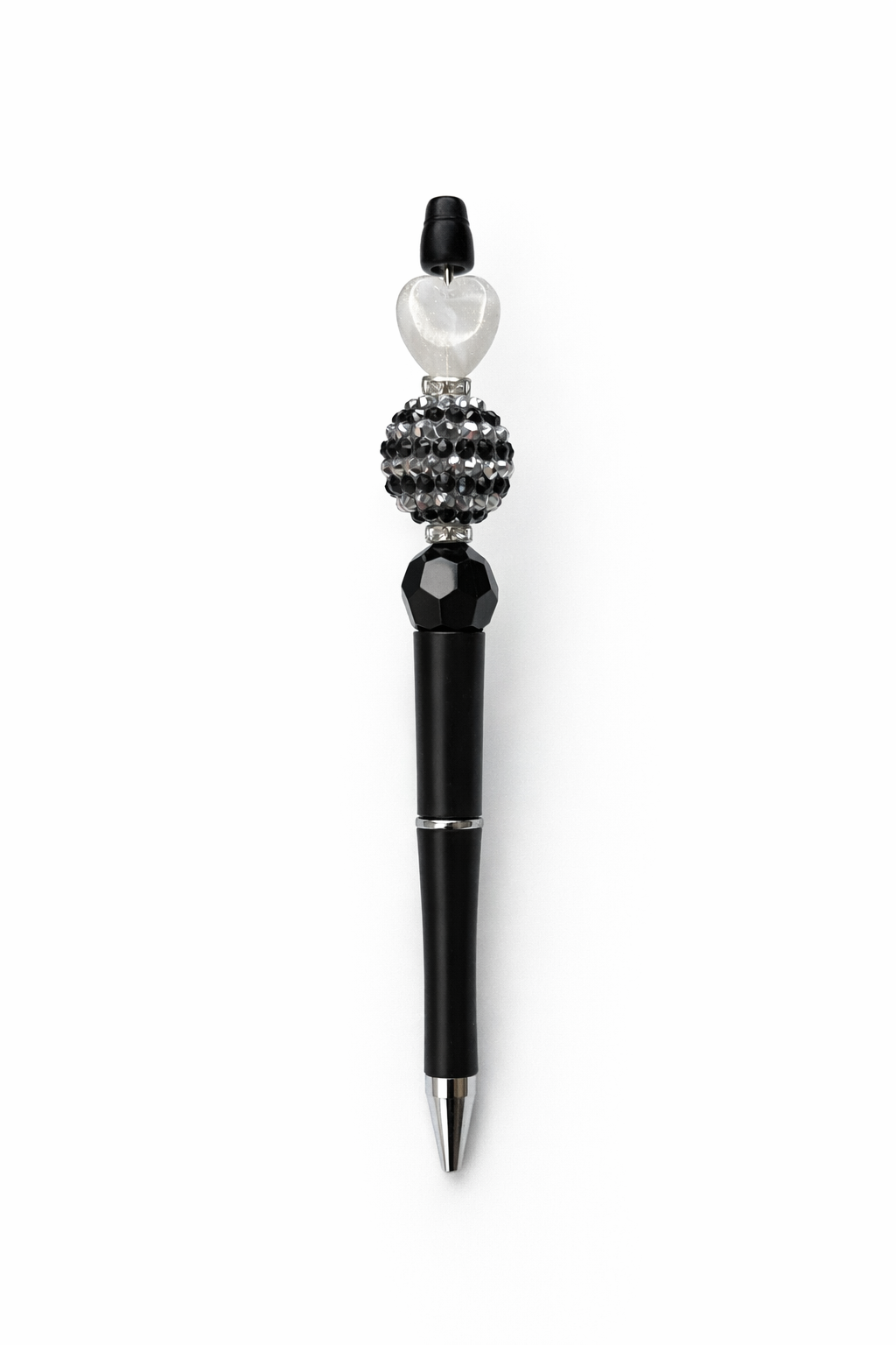 Black & Pearl Heart Beaded Pen – Elegant Handmade Gift