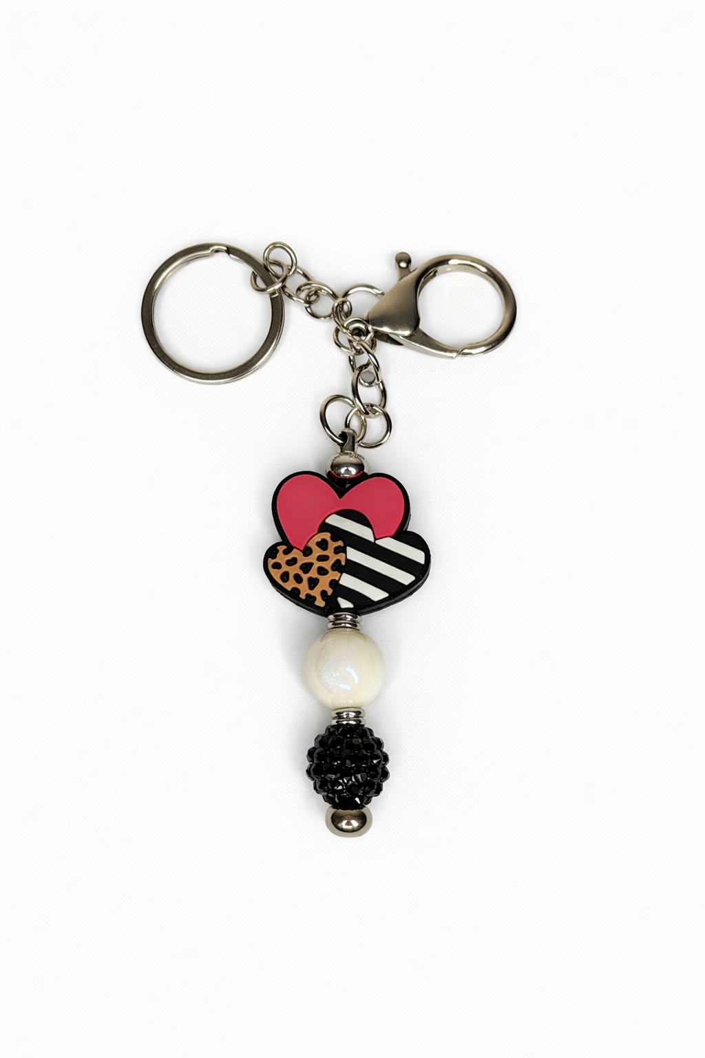 Heart Charm Beaded Keychain – Pink, Black & Leopard Accent Keychain