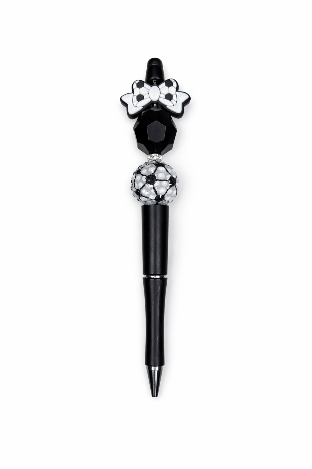 Black Faceted Bow Pen with White Rhinestone Accent – Elegant Handmade Beaded Pen