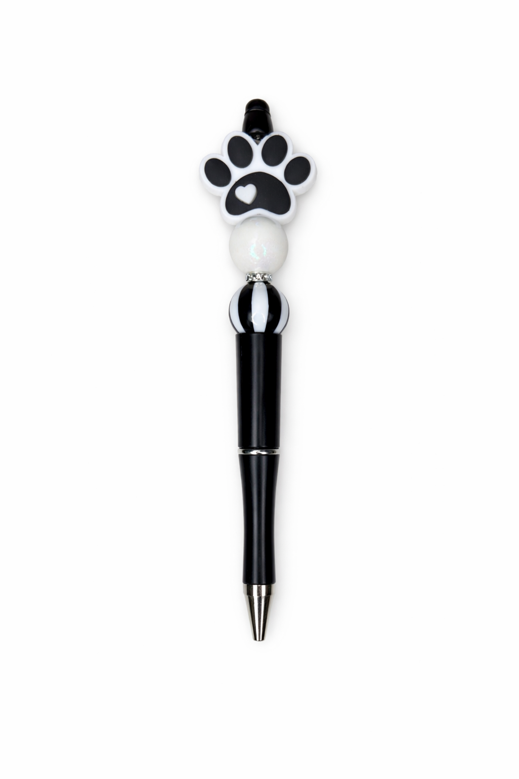 Black Paw Print Pen with Pearl White Bead & Striped Accent