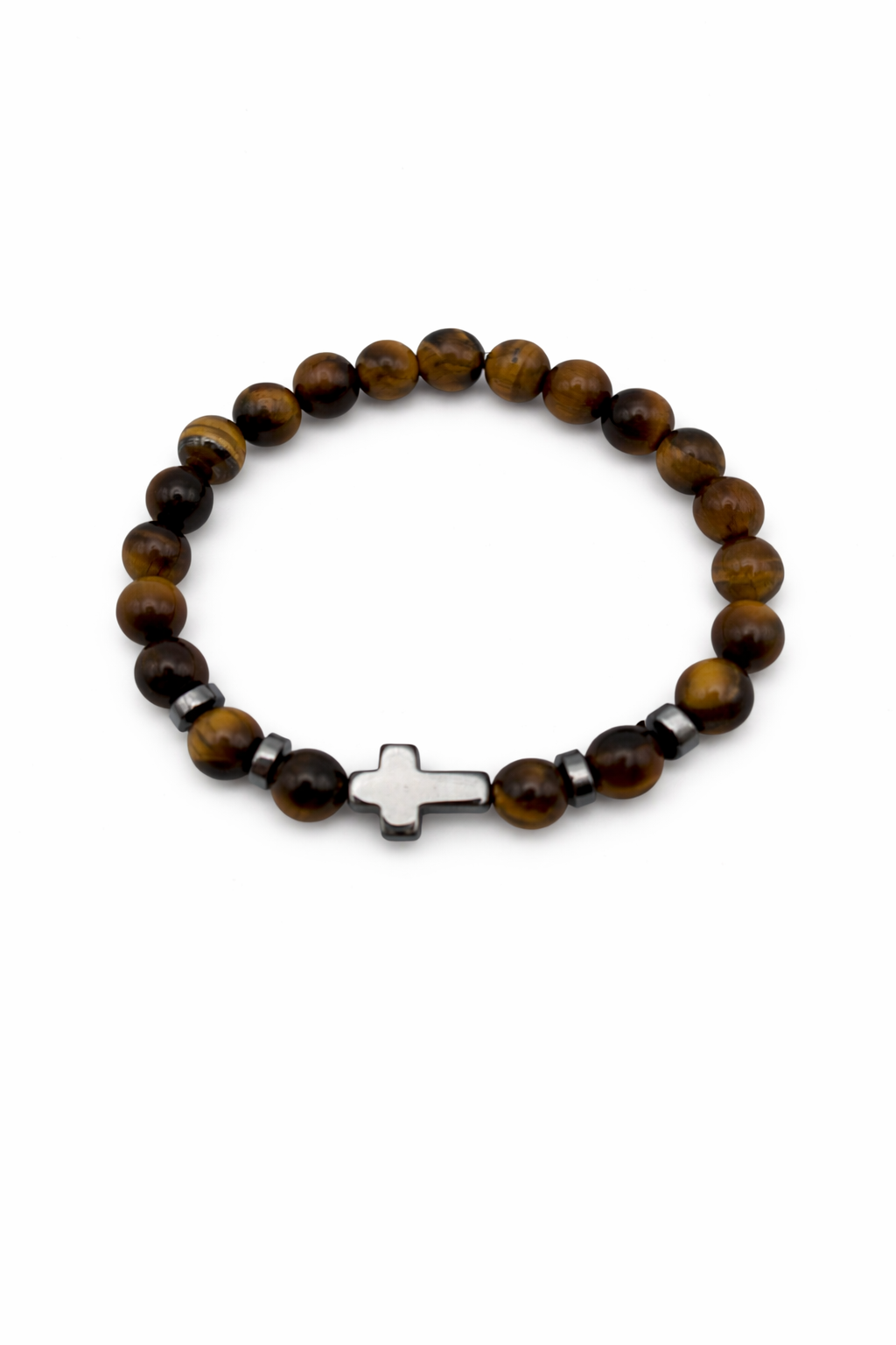 Tiger Eye with Hematite Cross - 8mm Beaded Stretch Bracelet
