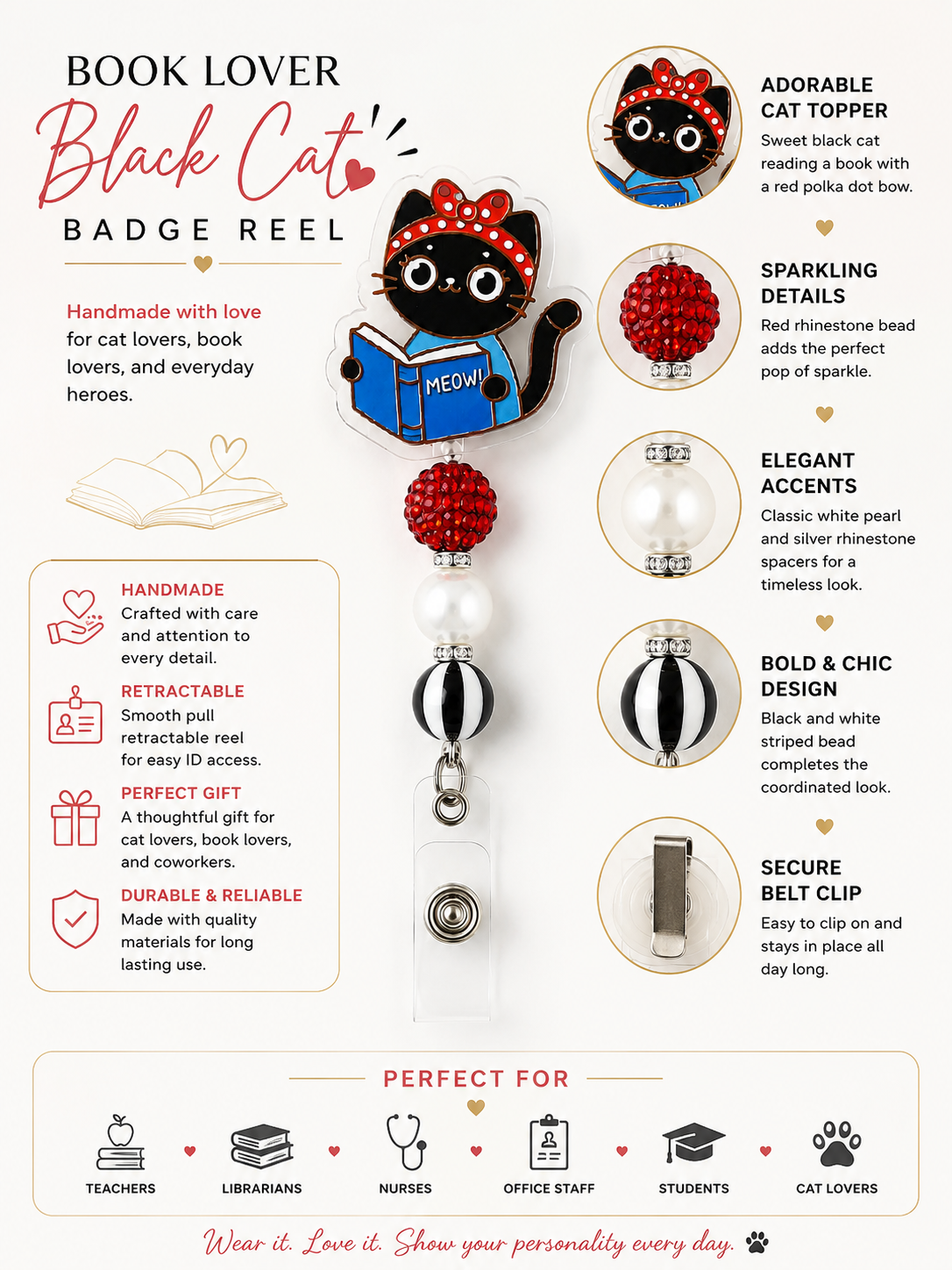 Book Lover Black Cat Badge Reel – Handmade with Red Rhinestone, Pearl & Black Stripe Beads