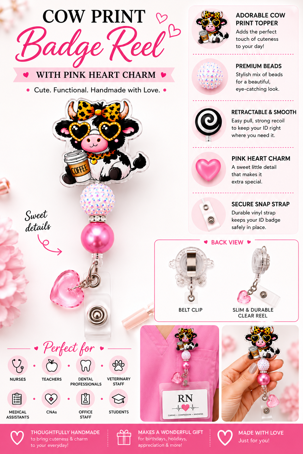 Cute Coffee Cow Badge Reel – Pink Pearl & AB Rhinestone with Soft Pink Heart Charm Beaded ID Holder
