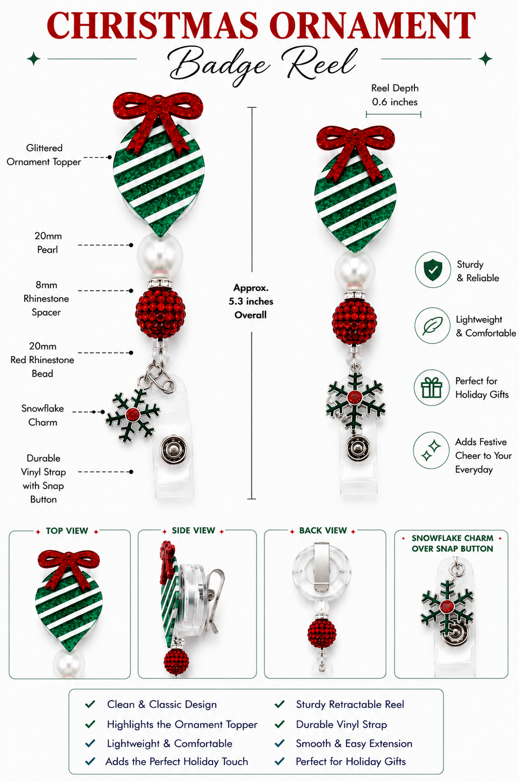 Christmas Ornament Badge Reel with Snowflake Charm - Handmade Beaded Retractable ID Badge Holder
