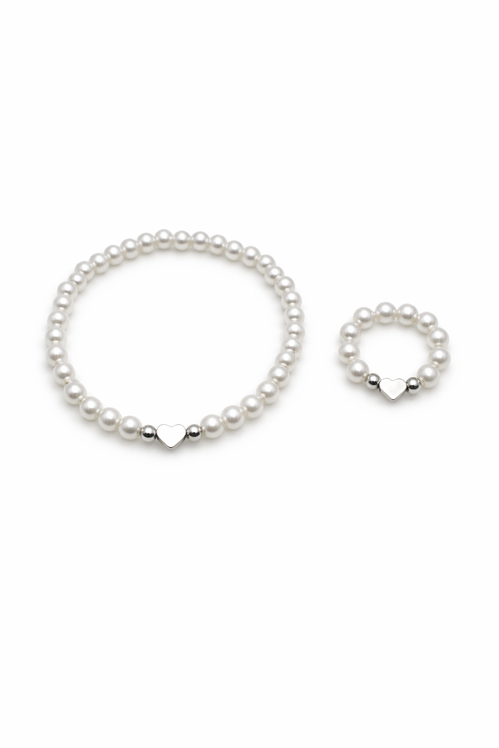 Pearl Beaded Heart Bracelet & Ring Set