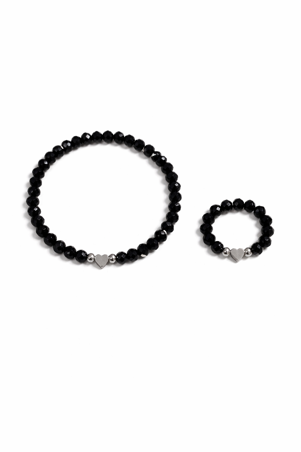 Black Beaded Heart Bracelet & Ring Set